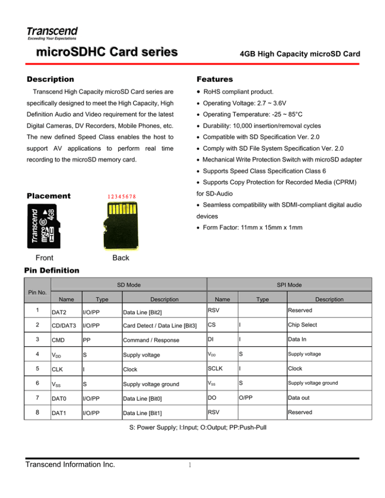 Transcend TS4GUSDHC6 Datasheet Transcend TS4GUSDHC6 Datasheet
