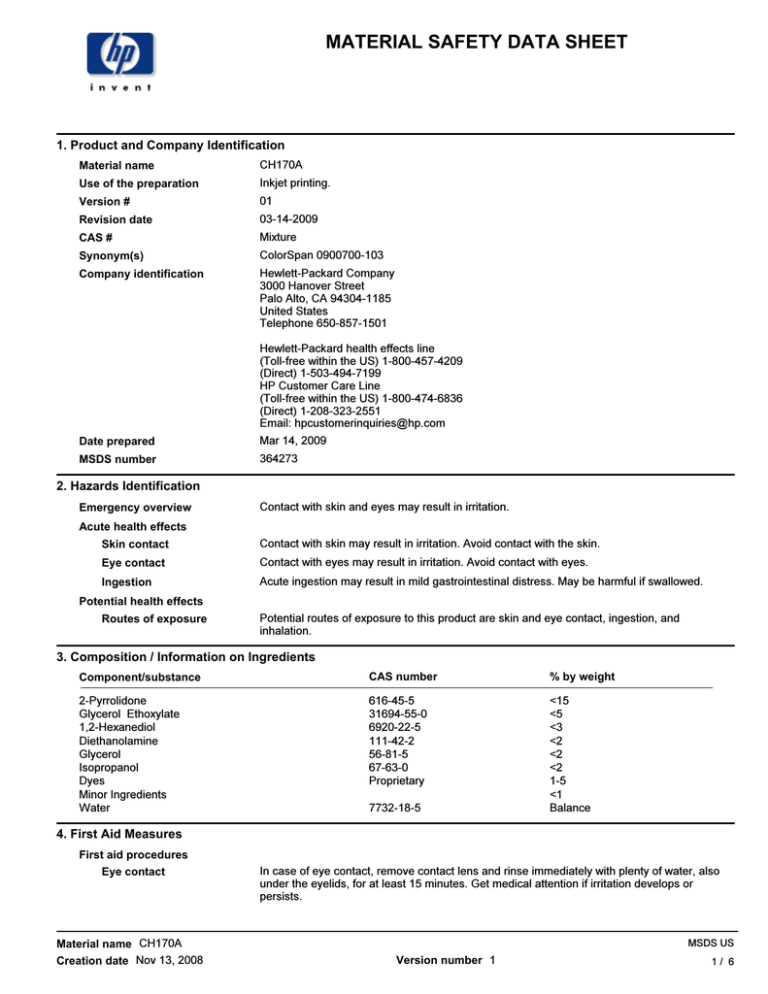 HP CH170A Datasheet HP CH170A Datasheet