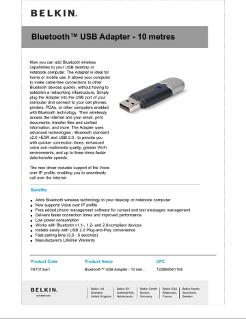 Belkin Bluetooth USB Adapter Datasheet | Manualzz