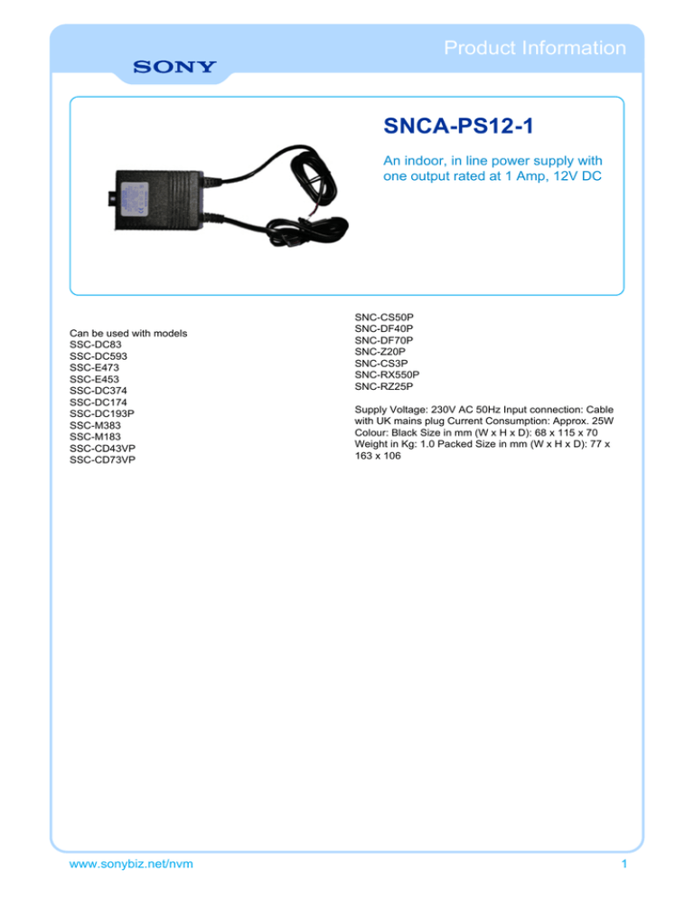Sony SNCA-PS12/1 Datasheet Sony SNCA-PS12/1 Datasheet