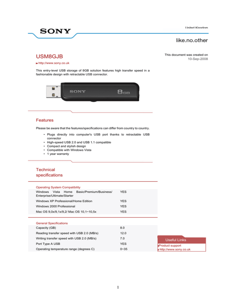 Sony USM8GJB Datasheet Sony USM8GJB Datasheet