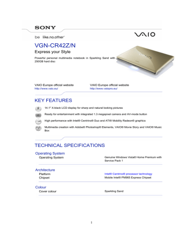 Sony VAIO VGN-CR42Z/N Datasheet | Manualzz
