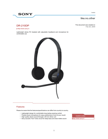 Sony PC Stereo Headset Datasheet | Manualzz