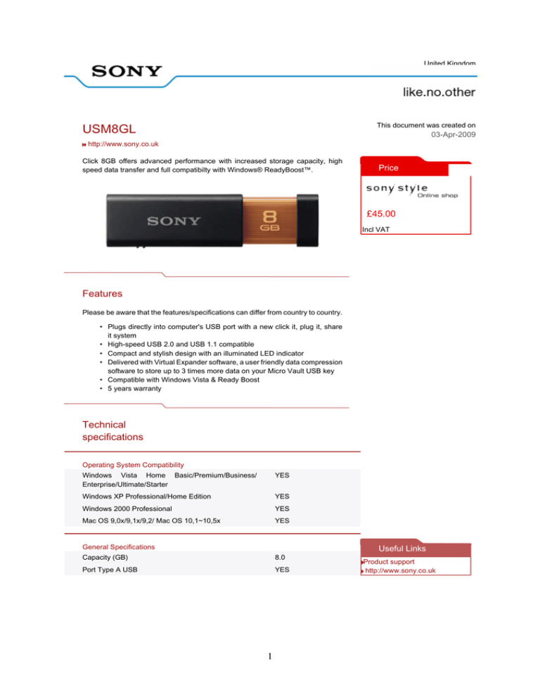 Sony USM8GL-BOND Datasheet Sony USM8GL-BOND Datasheet