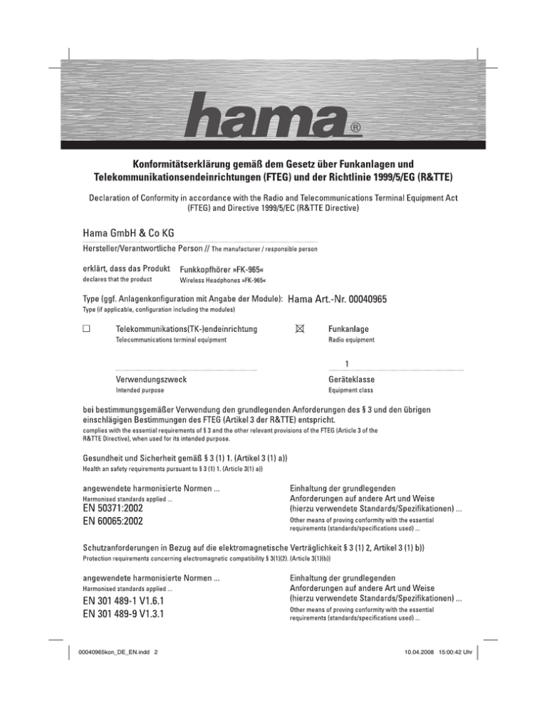 Hama 00040965 Datasheet Hama 00040965 Datasheet