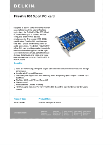 Belkin FireWire 800 3 port PCI card User's Manual | Manualzz