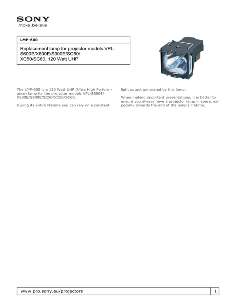 Sony LMP600 Datasheet Sony LMP600 Datasheet