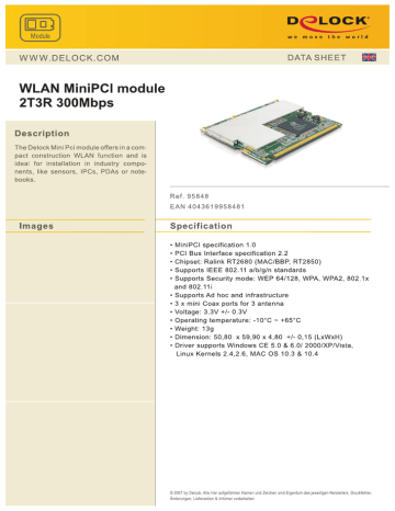 DeLOCK WLAN MiniPCI module 2T3R 300Mbps Datasheet | Manualzz