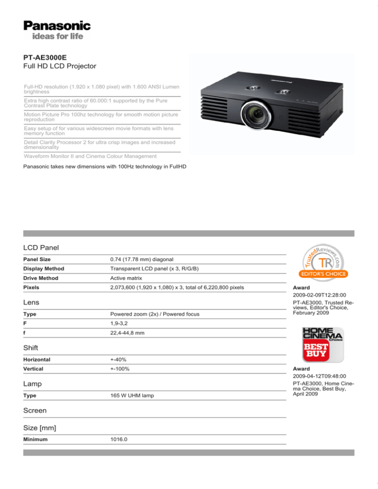 Panasonic PT-AE3000E Datasheet Panasonic PT-AE3000E Datasheet