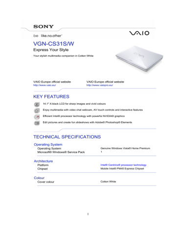 Sony VAIO VGN-CS31S/W notebook Datasheet | Manualzz