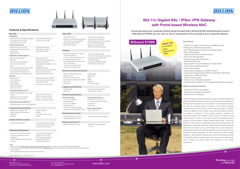 Billion BIGUARD S100N Datasheet Billion BIGUARD S100N Datasheet