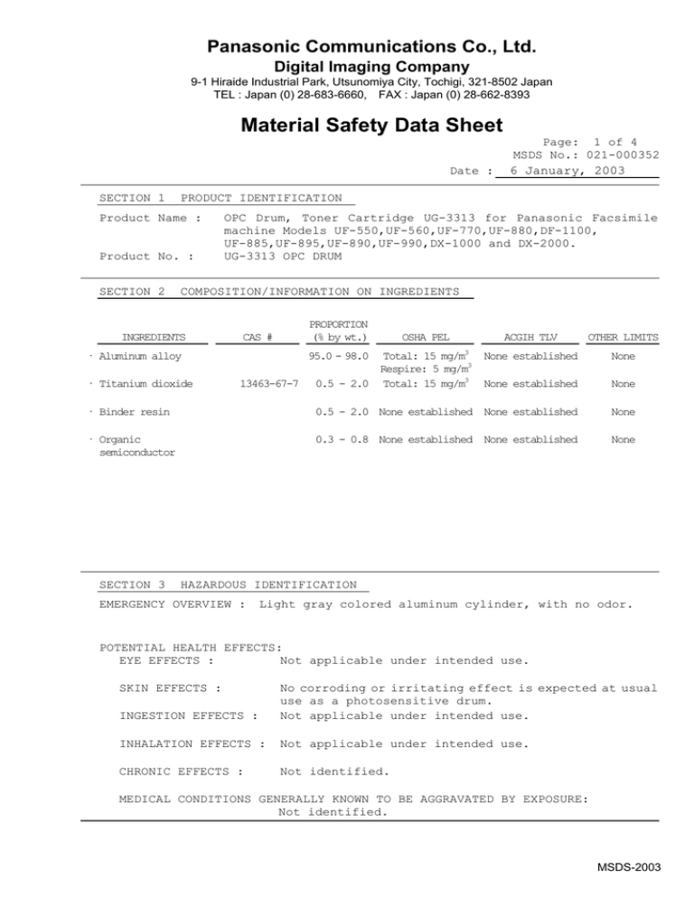 Panasonic UG-3313, 1533 Datasheet Panasonic UG-3313, 1533 Datasheet
