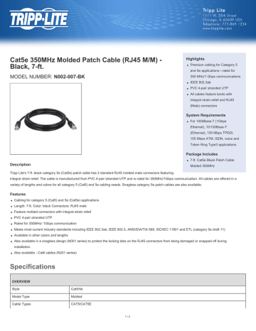 Tripp Lite Cat5e 350MHz Molded Patch Cable (RJ45 M/M) - Black, 7-ft. Datasheet | Manualzz