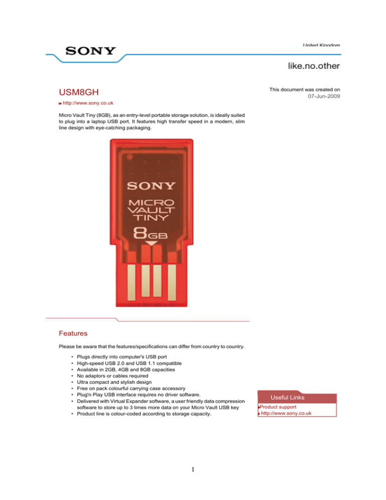 Sony USM8GH/T2 Datasheet Sony USM8GH/T2 Datasheet