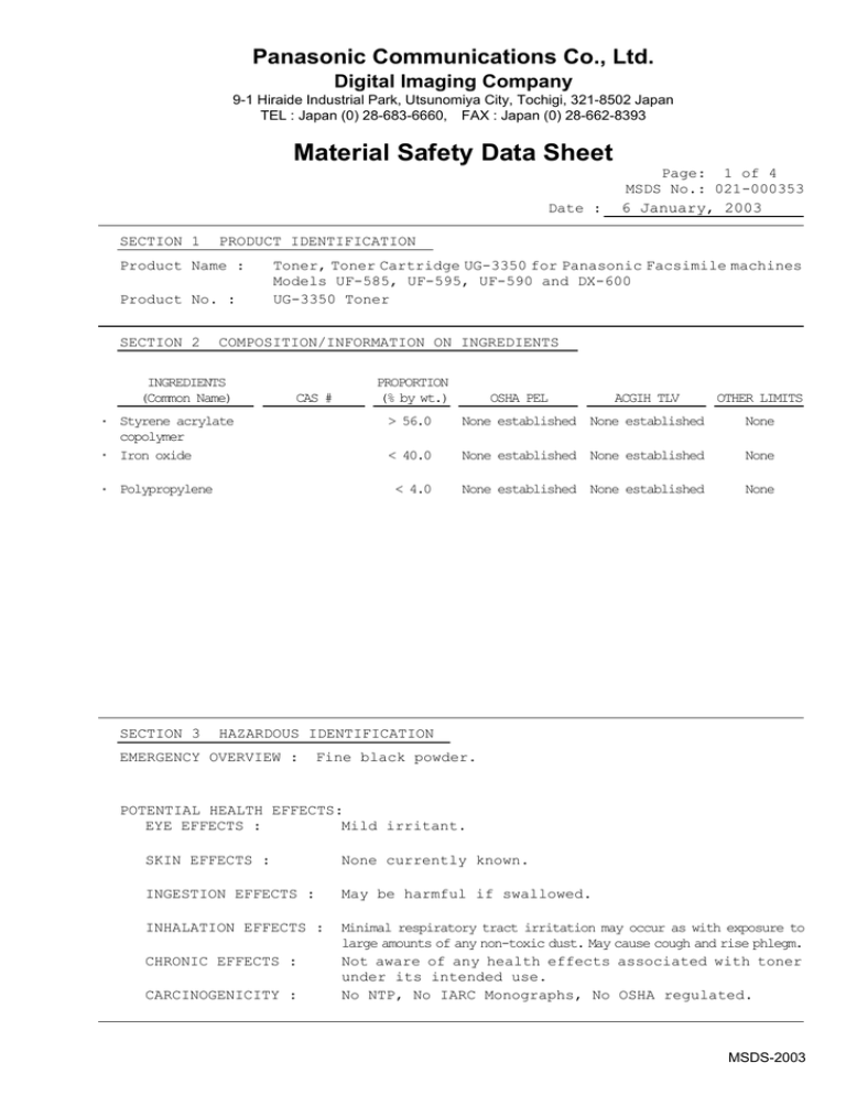Panasonic UG-3350AG, 8389 Datasheet Panasonic UG-3350AG, 8389 Datasheet