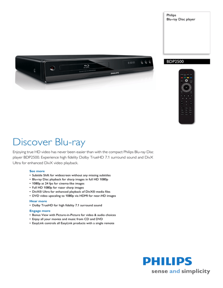 Philips BDP2500/05, BDP2500/12 Datasheet Philips BDP2500/05, BDP2500/12 Datasheet