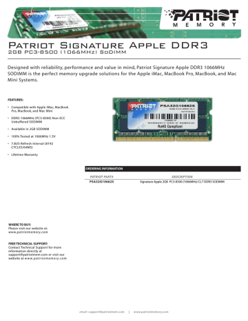 Patriot Memory 2GB DDR3 SODIMM Kit Datasheet | Manualzz