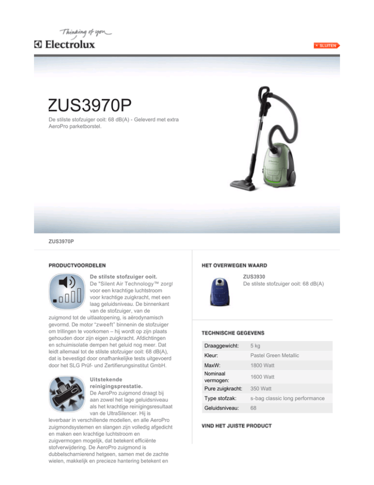 Electrolux ZUS3970P Datasheet Electrolux ZUS3970P Datasheet