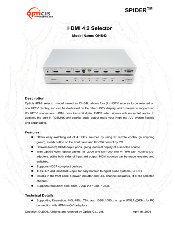 Opticis 4:2 HDMI input switch/splitter Datasheet | Manualzz