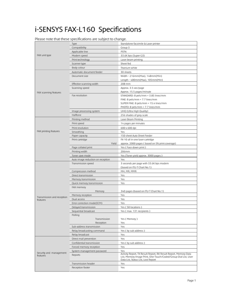 Canon FAX L160, 2234B022, 2234B025 Datasheet Canon FAX L160, 2234B022, 2234B025 Datasheet