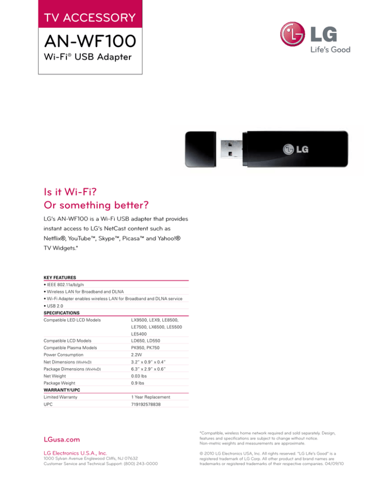 LG AN-WF100.AL, AN-WF100 Datasheet LG AN-WF100.AL, AN-WF100 Datasheet