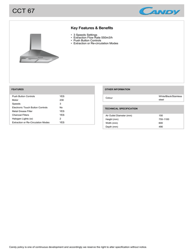 Candy CCT67N, CCT67W Datasheet Candy CCT67N, CCT67W Datasheet