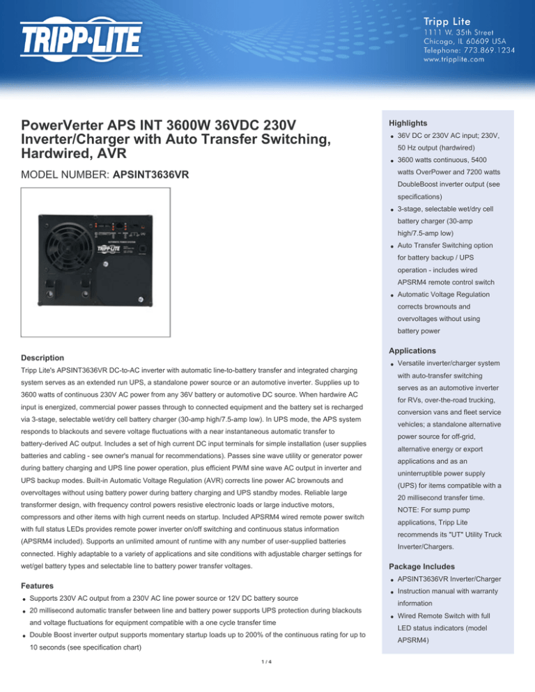 Tripp Lite APSINT3636VR Datasheet Tripp Lite APSINT3636VR Datasheet