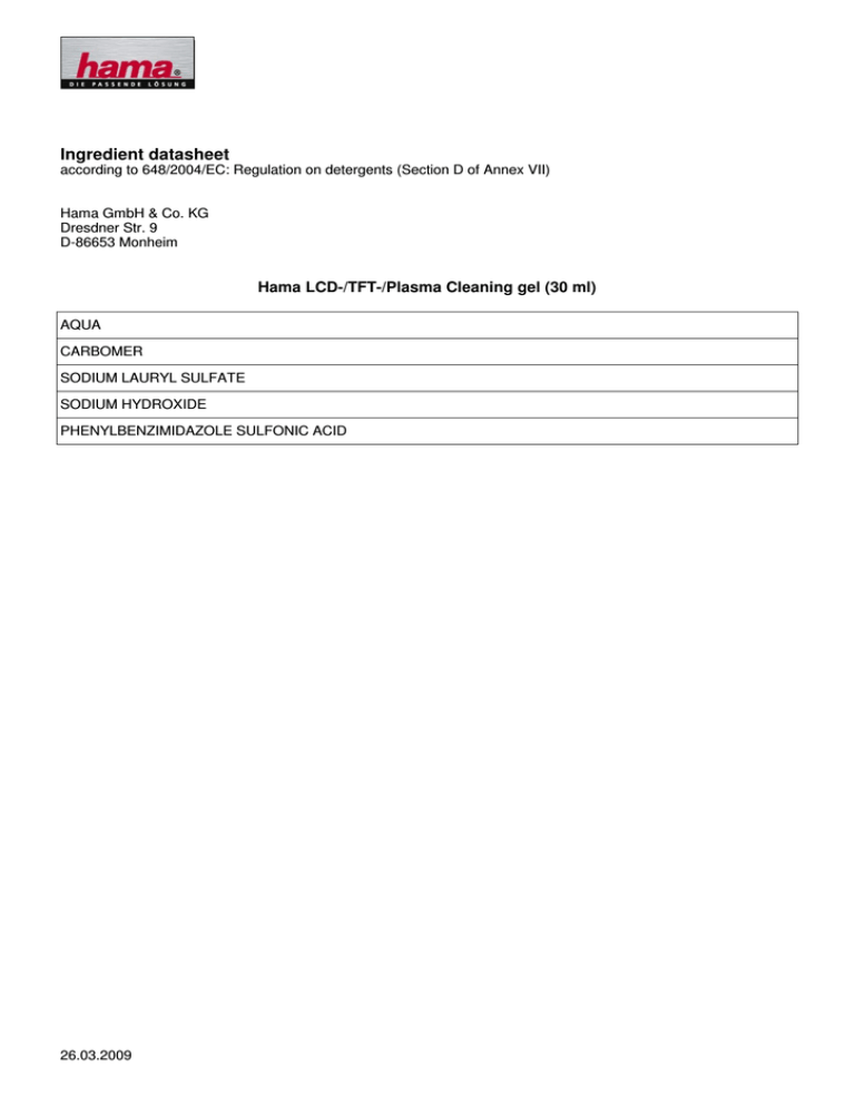 Hama 73011538 Datasheet Hama 73011538 Datasheet