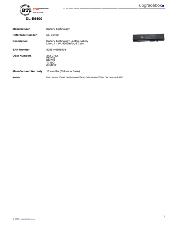 Origin Storage DL-E5400 rechargeable battery Datasheet | Manualzz