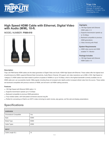 Tripp Lite High Speed HDMI Cable with Ethernet, Digital Video with Audio (M/M), 10-ft. Datasheet | Manualzz