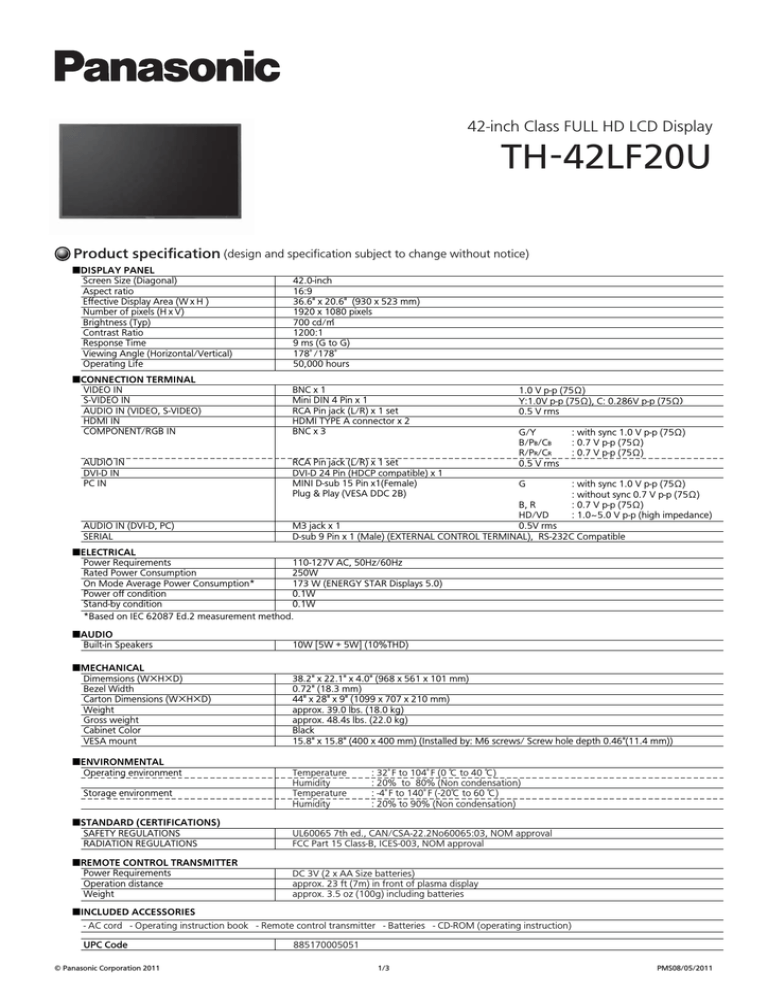 Panasonic TH-42LF20U Datasheet Panasonic TH-42LF20U Datasheet