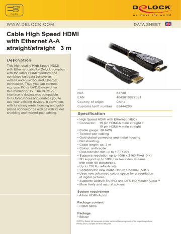 DeLOCK 3m HDMI AM/AM Datasheet | Manualzz