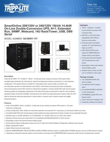 Tripp Lite SmartOnline 208/120V or 240/120V 16kVA 14.4kW On-Line Double-Conversion UPS, N+1, Extended Run, SNMP, Webcard, 14U Rack/Tower, USB, DB9 Serial Datasheet | Manualzz