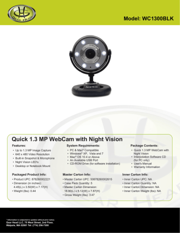 Gear Head WC1300BLK webcam Datasheet | Manualzz