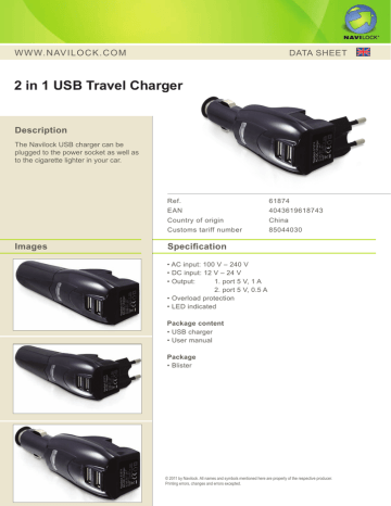 Tragant 61874 mobile device charger Datasheet | Manualzz