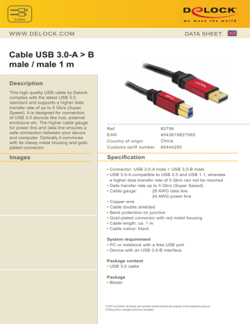 DeLOCK 1.0m USB 3.0 A-B Datasheet | Manualzz