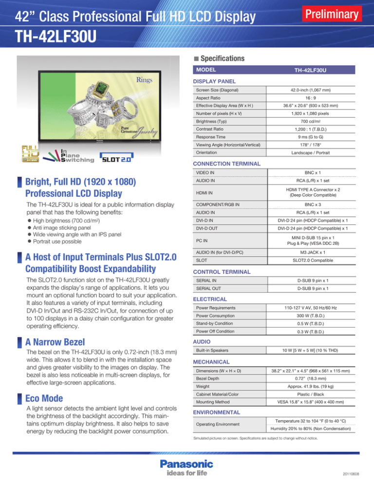 Panasonic TH-42LF30U Datasheet Panasonic TH-42LF30U Datasheet