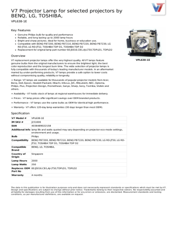 V7 Projector Lamp for selected projectors by BENQ, LG, TOSHIBA, Datasheet | Manualzz