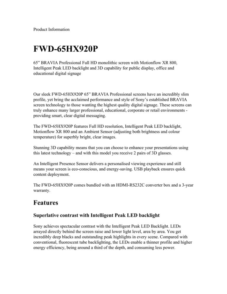 Sony FWD-65HX920P Datasheet Sony FWD-65HX920P Datasheet