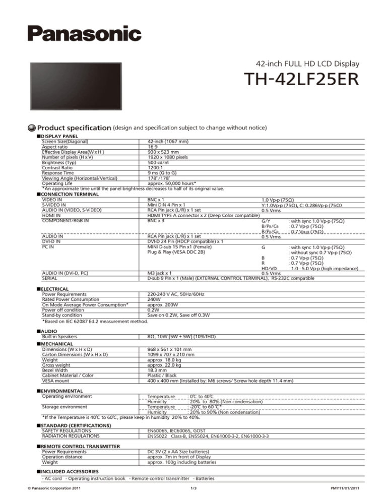 Panasonic TH-42LF25ER, TH-47LF25ER Datasheet Panasonic TH-42LF25ER, TH-47LF25ER Datasheet