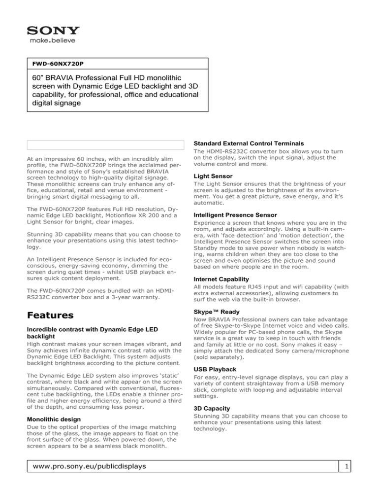 Sony FWD-60NX720P Datasheet Sony FWD-60NX720P Datasheet