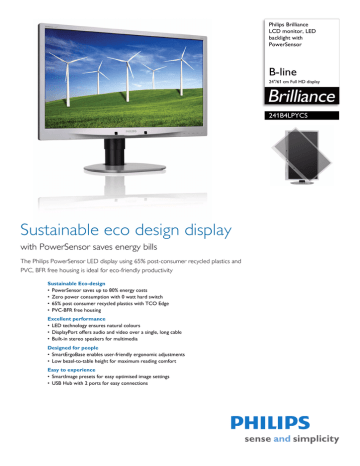 Philips Brilliance LCD monitor, LED backlight 241B4LPYCS Datasheet | Manualzz