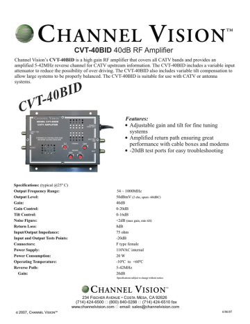 Channel Vision CVT-40BID TV signal amplifier Specification | Manualzz