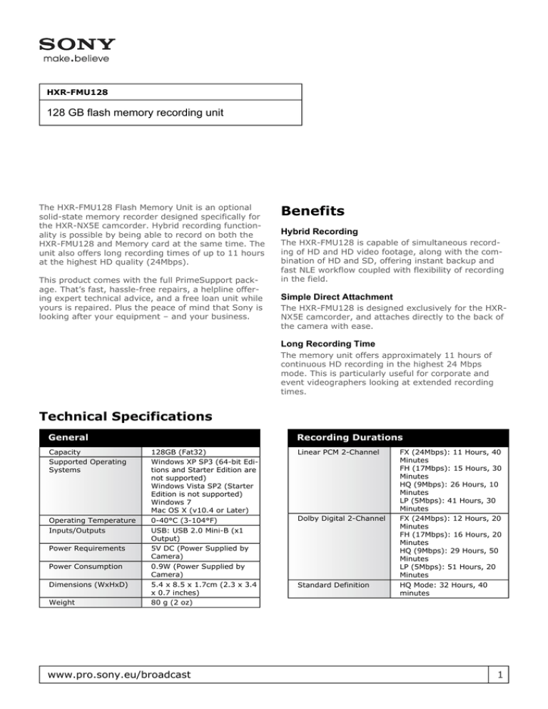 Sony HXR-FMU128 Datasheet Sony HXR-FMU128 Datasheet