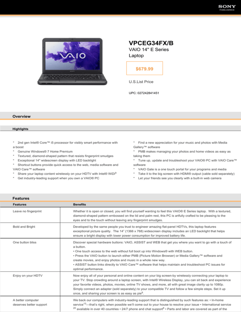 Sony VPCEG34FX/B Datasheet Sony VPCEG34FX/B Datasheet