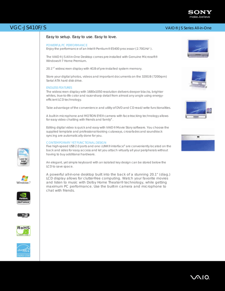 Sony VGC-JS410F/S Datasheet Sony VGC-JS410F/S Datasheet