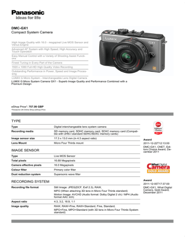 Panasonic DMC-GX1XVEG-S, DMC-GX1XVEG-K Datasheet Panasonic DMC-GX1XVEG-S, DMC-GX1XVEG-K Datasheet
