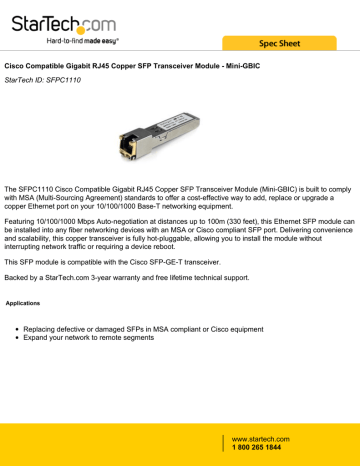 StarTech.com Cisco Compatible Gigabit RJ45 Copper SFP Transceiver Module - Mini-GBIC Datasheet | Manualzz