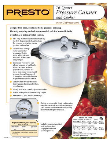Presto 01755 pressure cooker Datasheet | Manualzz