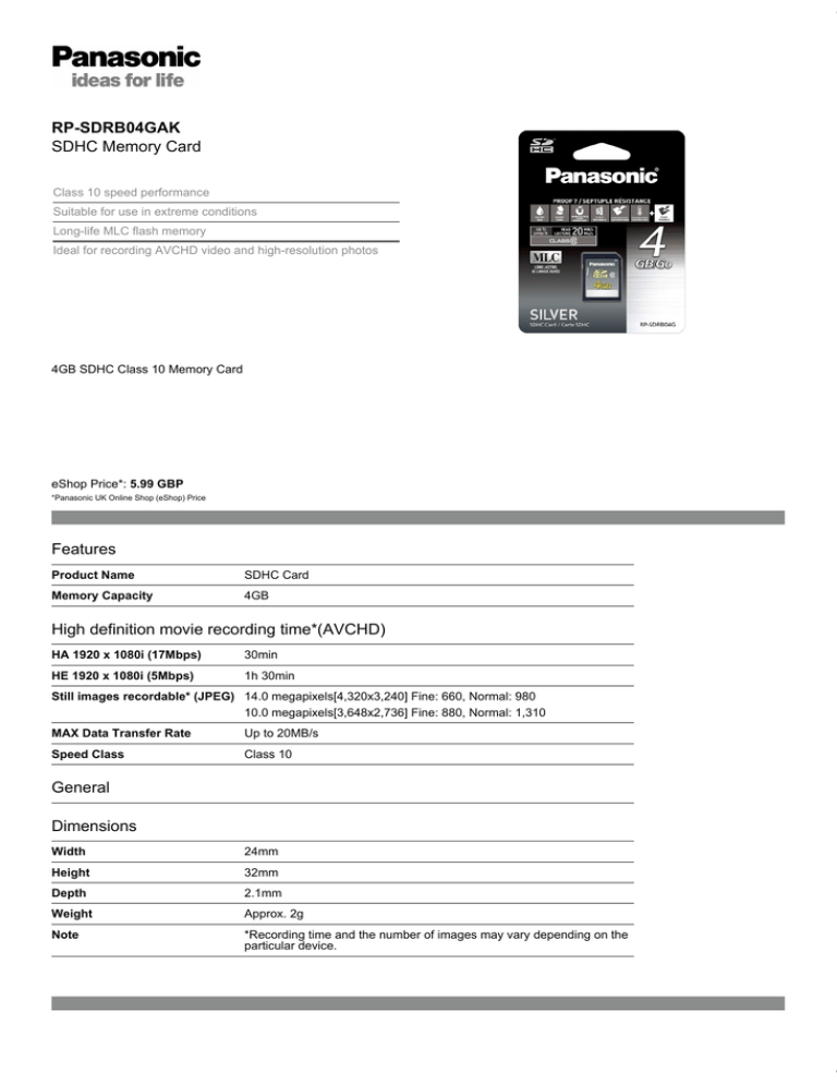 Panasonic RP-SDRB04GAK Datasheet Panasonic RP-SDRB04GAK Datasheet